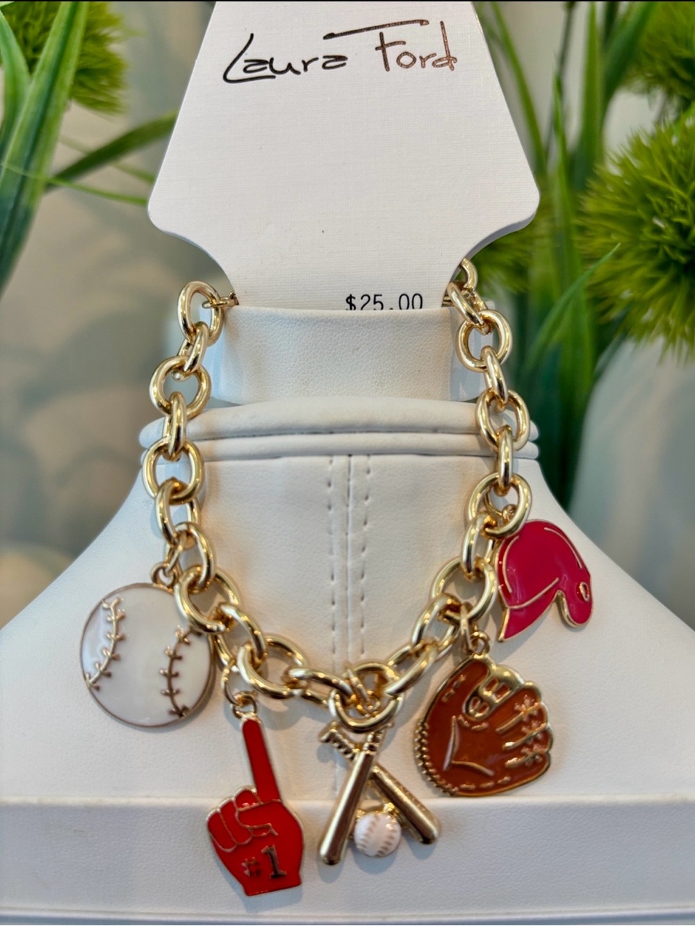 Laura Ford Baseball gold chain charm bracelet - baseballs, glove & bat